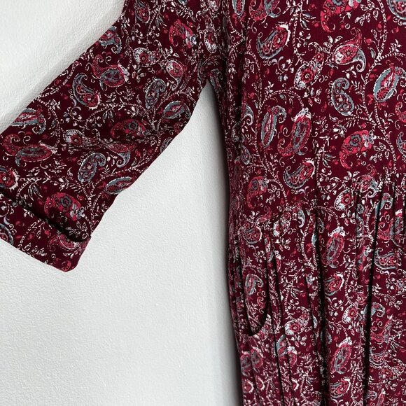 Garnet Hill Shirt Dress Women 10 Burgundy Paisley Knee Length 3/4 Sleeve Pockets - Picture 4 of 11